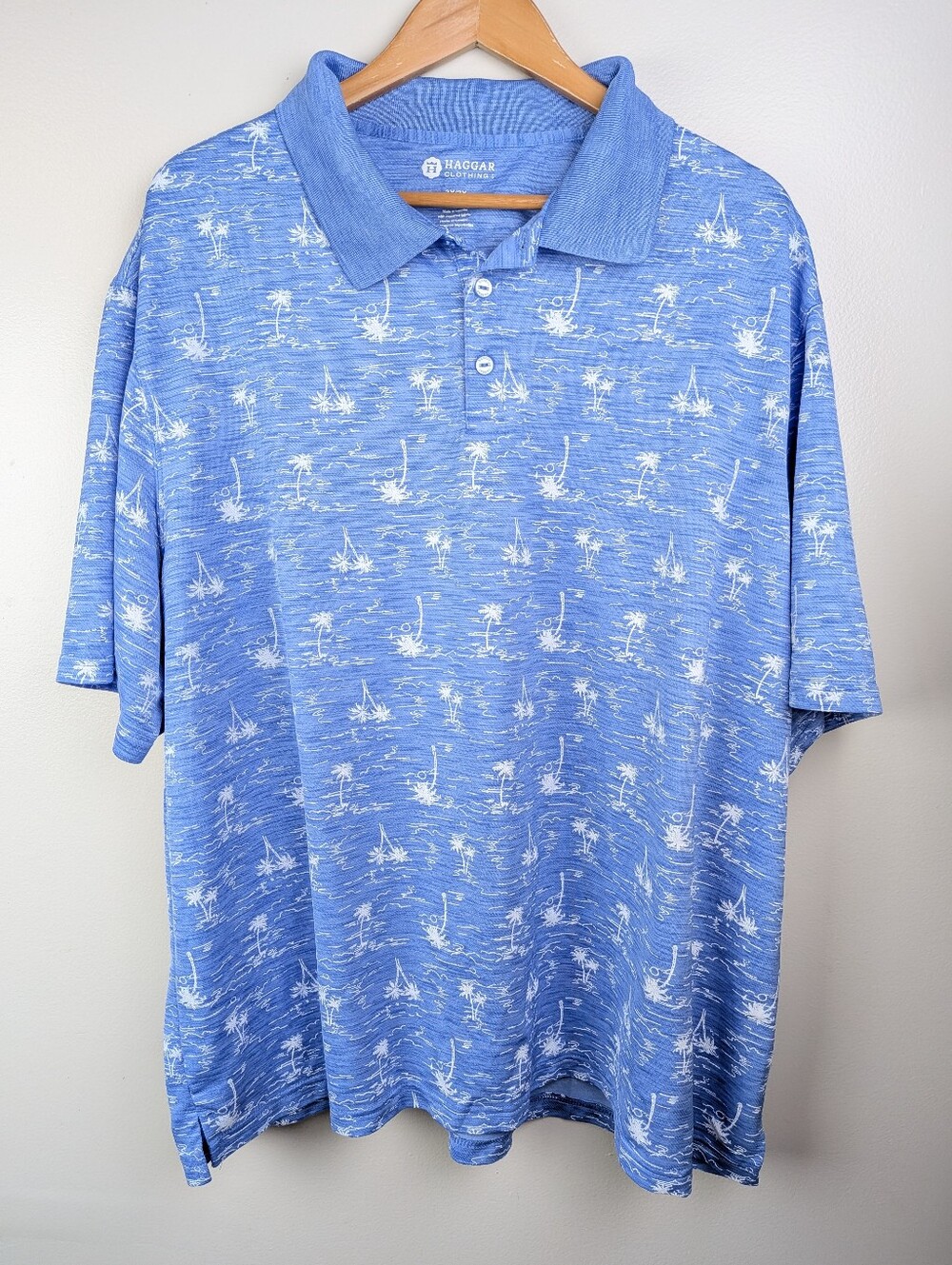 HAGGAR Clothing Men's Polo Golf Shirt Soft Blue White Palm Trees  3X Beach